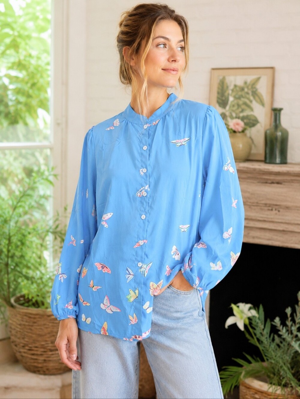 Blue Butterfly Print Mandarin Collar Tunic Blouse Long Sleeve Cottagecore S/M